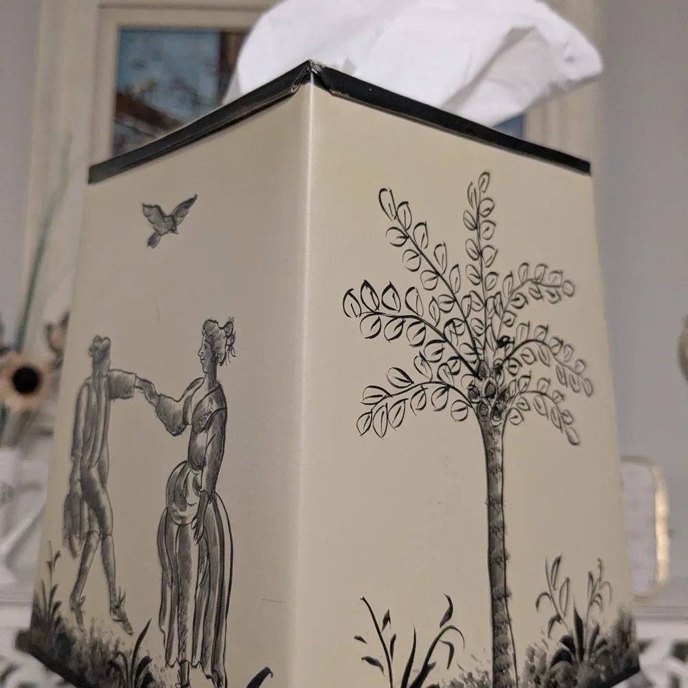 Vintage French Toile Metal Tissue Box Cover Quimper Style Black Cream MCM